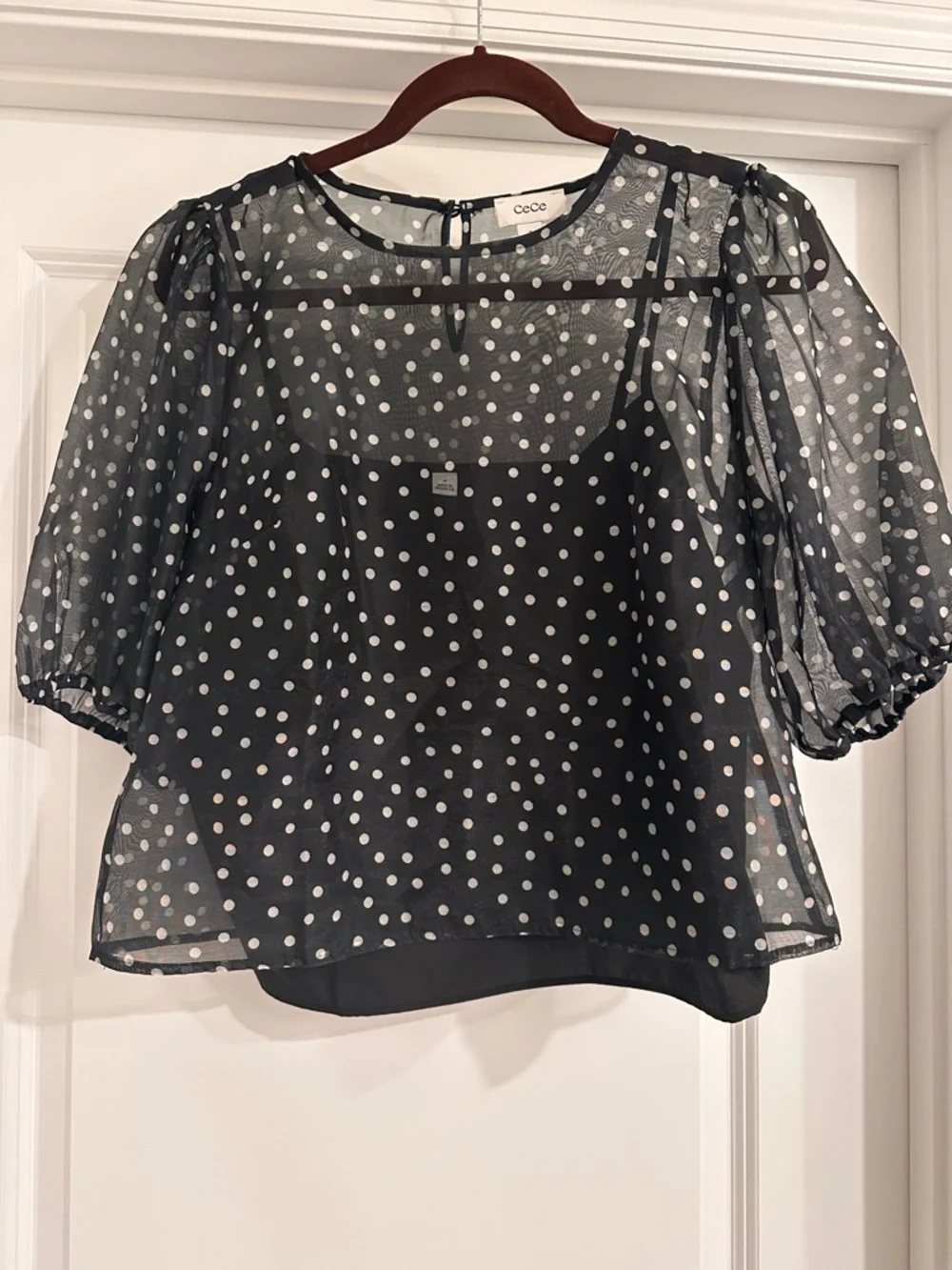 CeCe Black and White Polka Dot Puff Sleeve Blouse - Picture 2 of 6